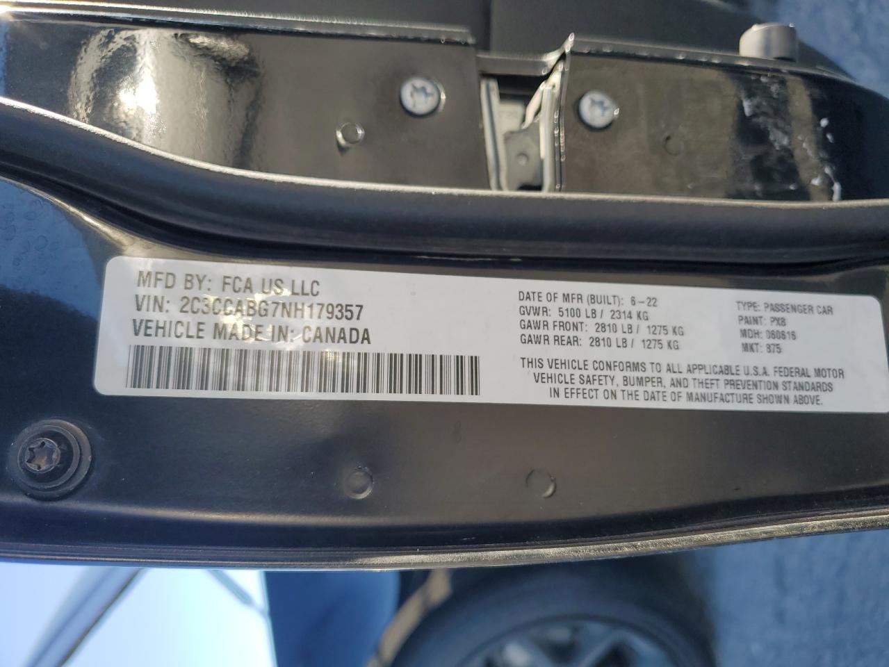 2022 CHRYSLER 300 S VIN:2C3CCABG7NH179357