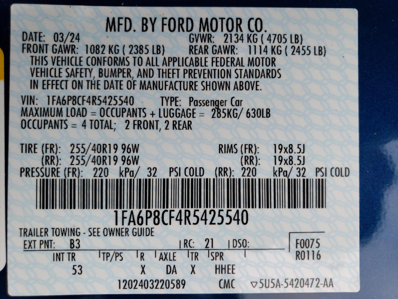 2024 FORD MUSTANG GT VIN:1FA6P8CF4R5425540