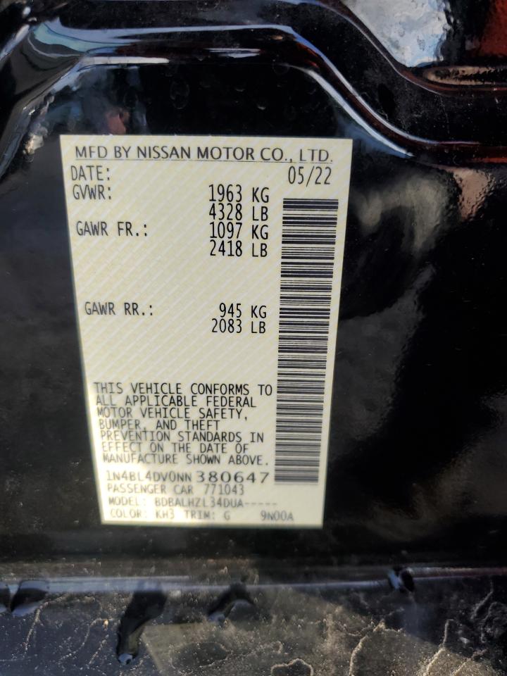 2022 NISSAN ALTIMA SV VIN:1N4BL4DV0NN380647