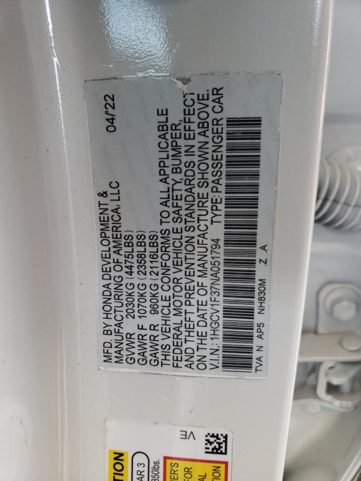 2022 HONDA ACCORD SPORT VIN:1HGCV1F37NA051794