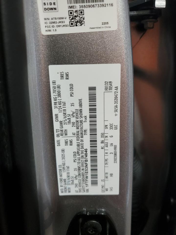 2022 FORD F150 SUPERCREW VIN:1FTFW1E53NFB74846