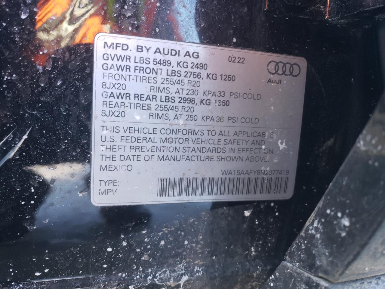 2022 AUDI Q5 SPORTBACK PRM PLS 45 VIN:WA15AAFY8N2077419