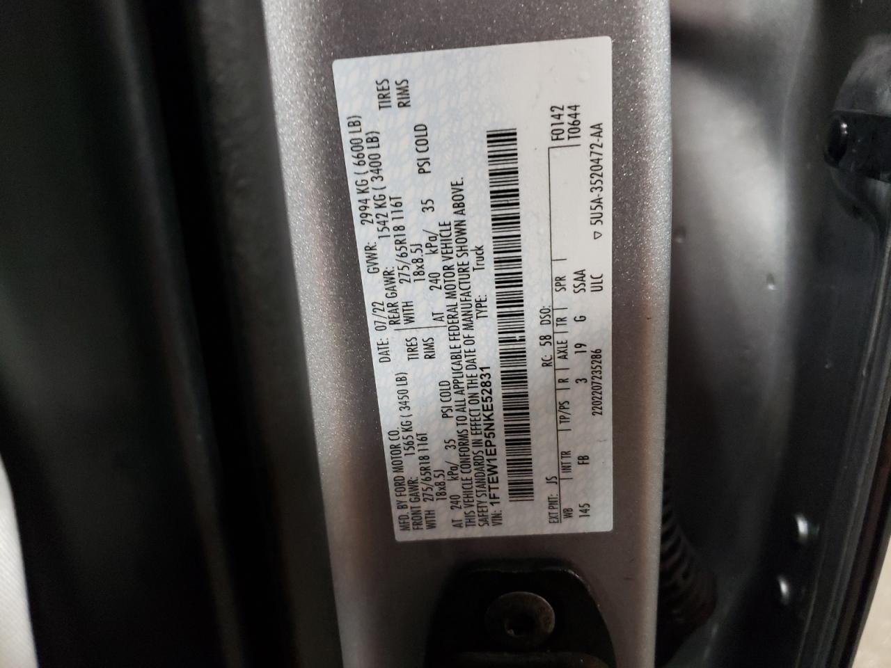 2022 FORD F150 SUPERCREW VIN:1FTEW1EP5NKE52831