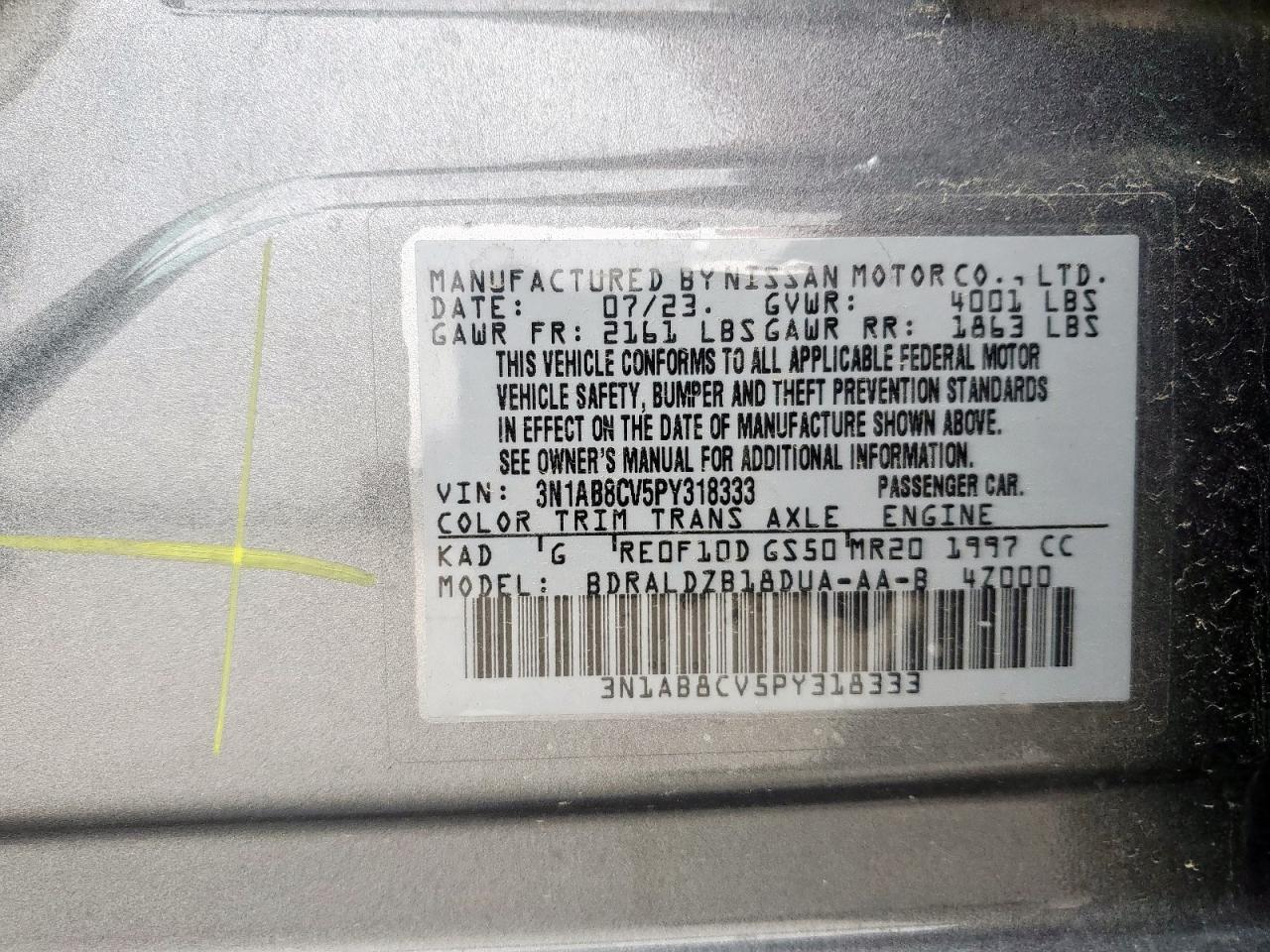 2023 NISSAN SENTRA SV VIN:3N1AB8CV5PY318333