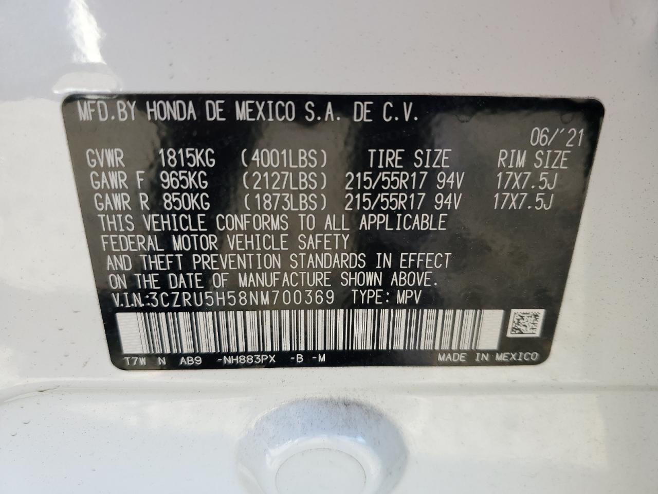 2022 HONDA HR-V EX VIN:3CZRU5H58NM700369