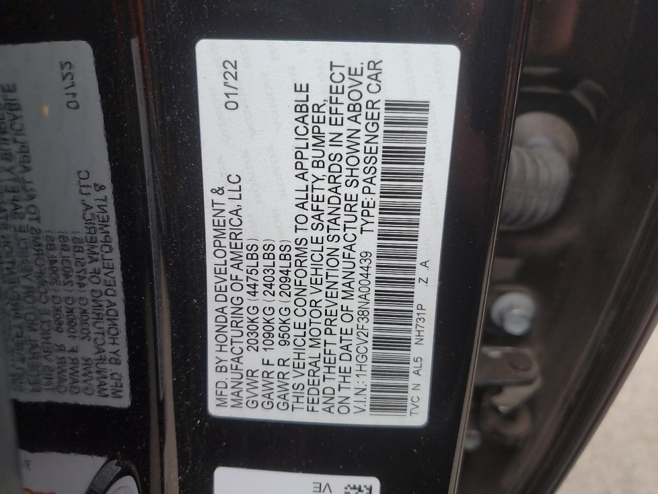 2022 HONDA ACCORD SPORT VIN:1HGCV2F38NA004439