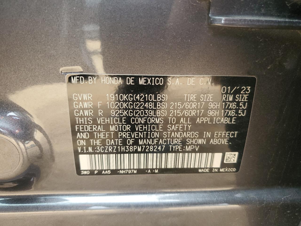 2023 HONDA HR-V LX VIN:3CZRZ1H38PM728247