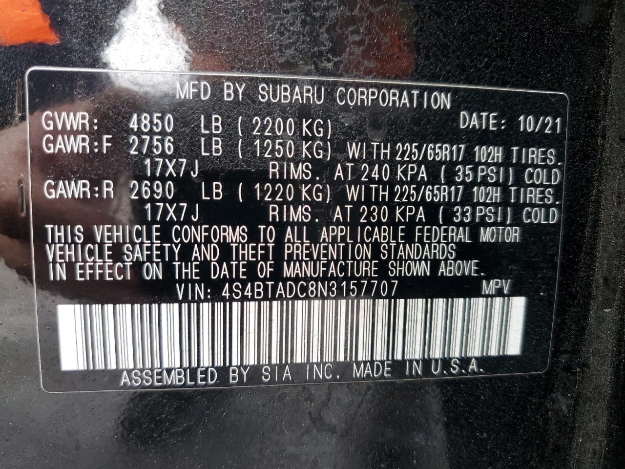 2022 SUBARU OUTBACK PREMIUM VIN:4S4BTADC8N3157707