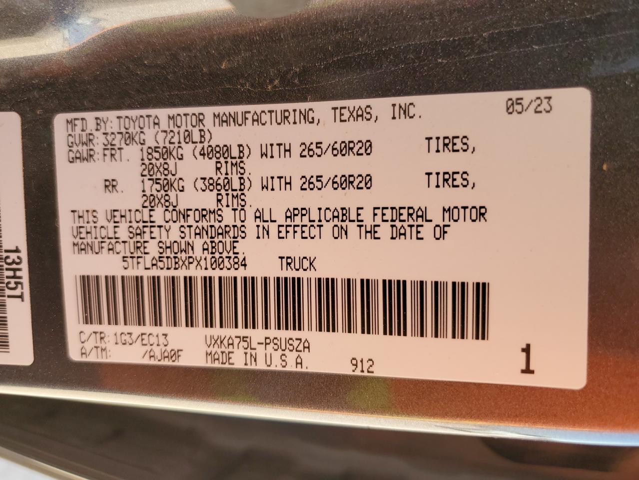 2023 TOYOTA TUNDRA CREWMAX SR VIN:5TFLA5DBXPX100384