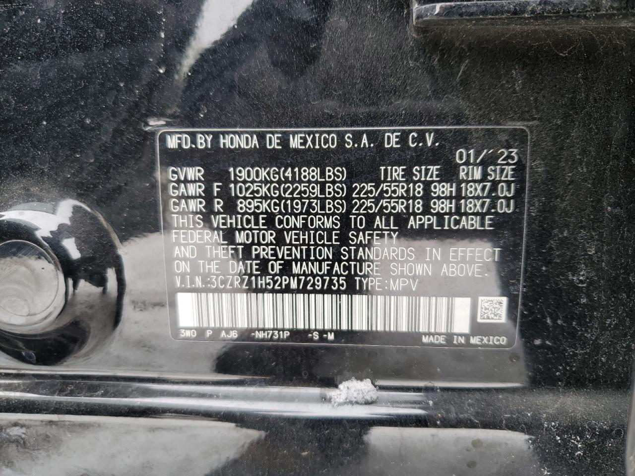2023 HONDA HR-V SPORT VIN:3CZRZ1H52PM729735