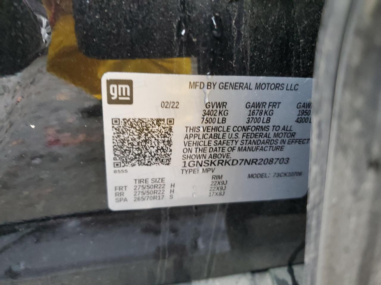 2022 CHEVROLET TAHOE K1500 RST VIN:1GNSKRKD7NR208703