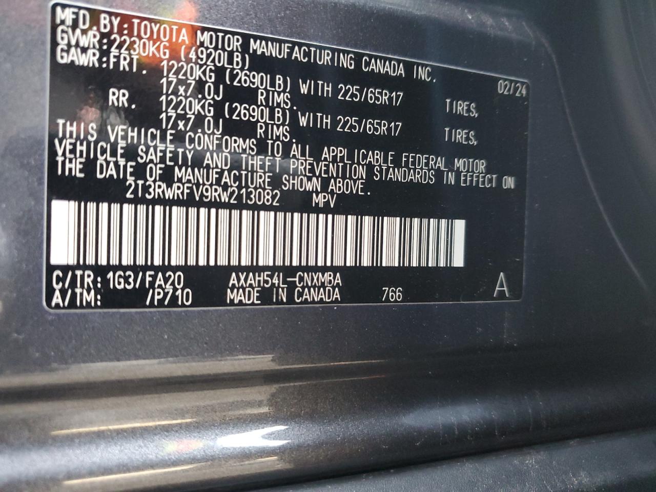 2024 TOYOTA RAV4 XLE VIN:2T3RWRFV9RW213082