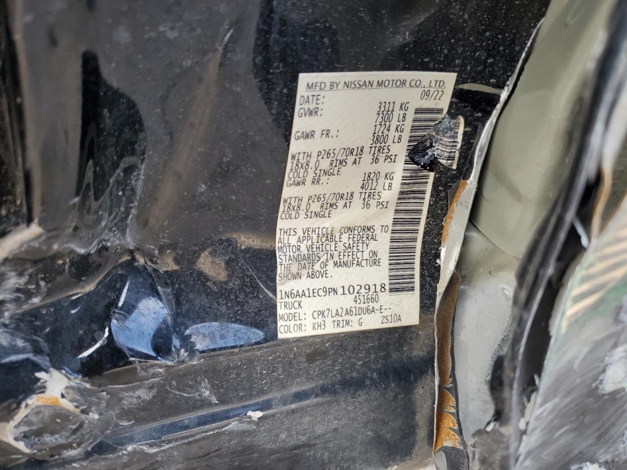 2023 NISSAN TITAN S VIN:1N6AA1EC9PN102918