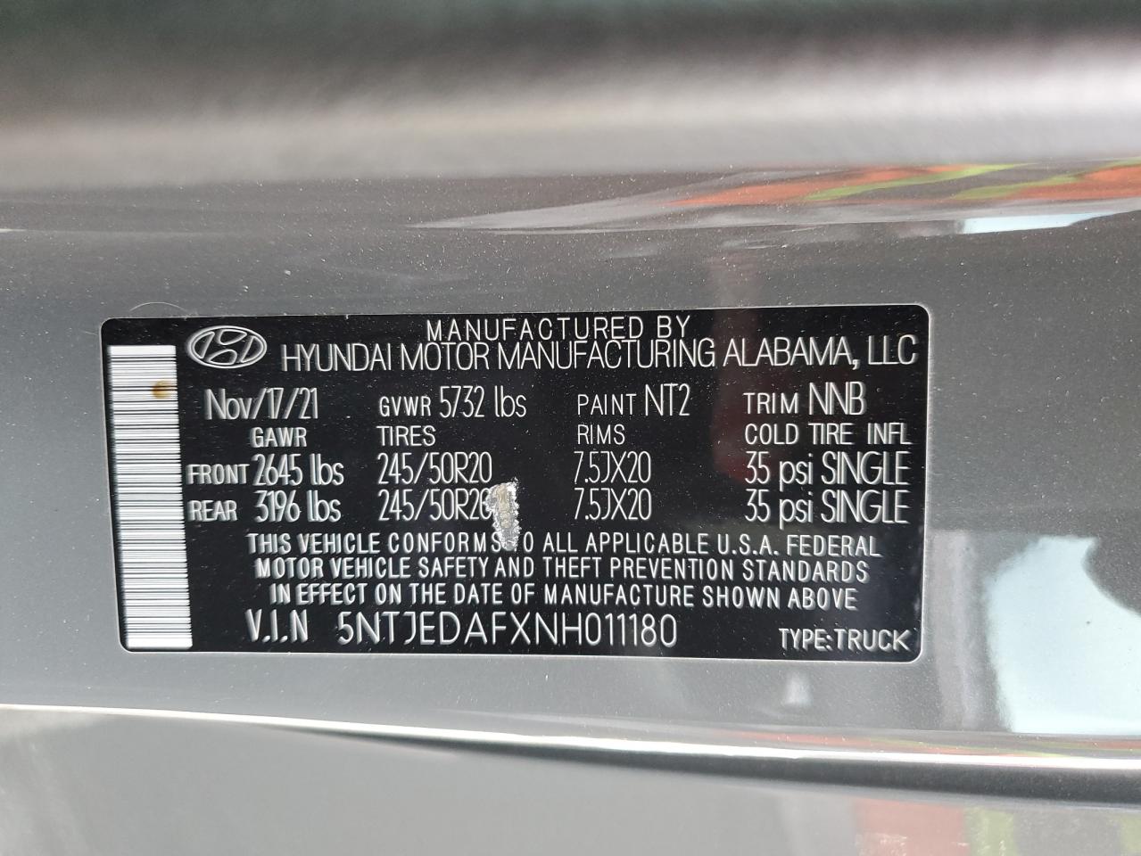 2022 HYUNDAI SANTA CRUZ LIMITED VIN:5NTJEDAFXNH011180