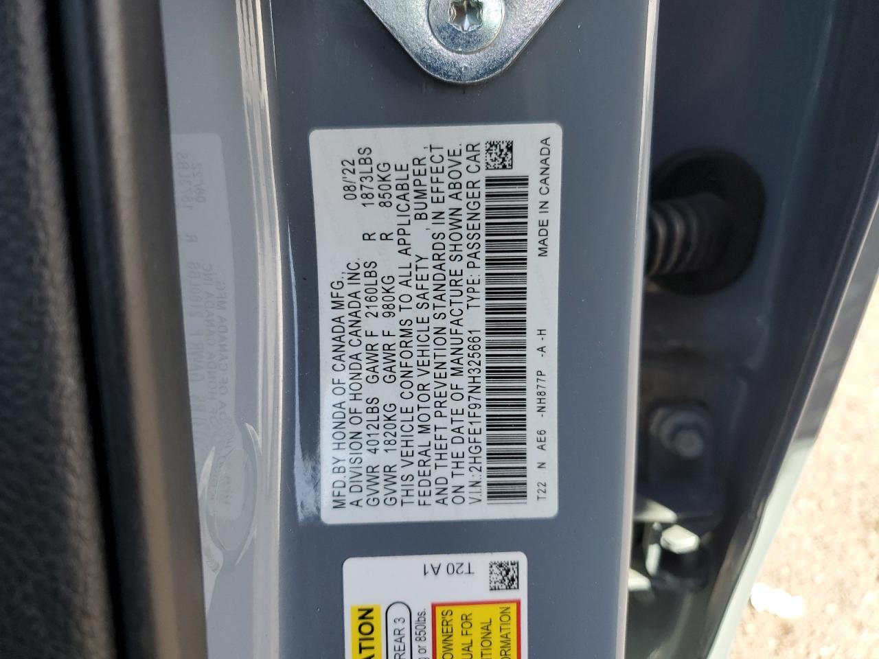 2022 HONDA CIVIC TOURING VIN:2HGFE1F97NH325661