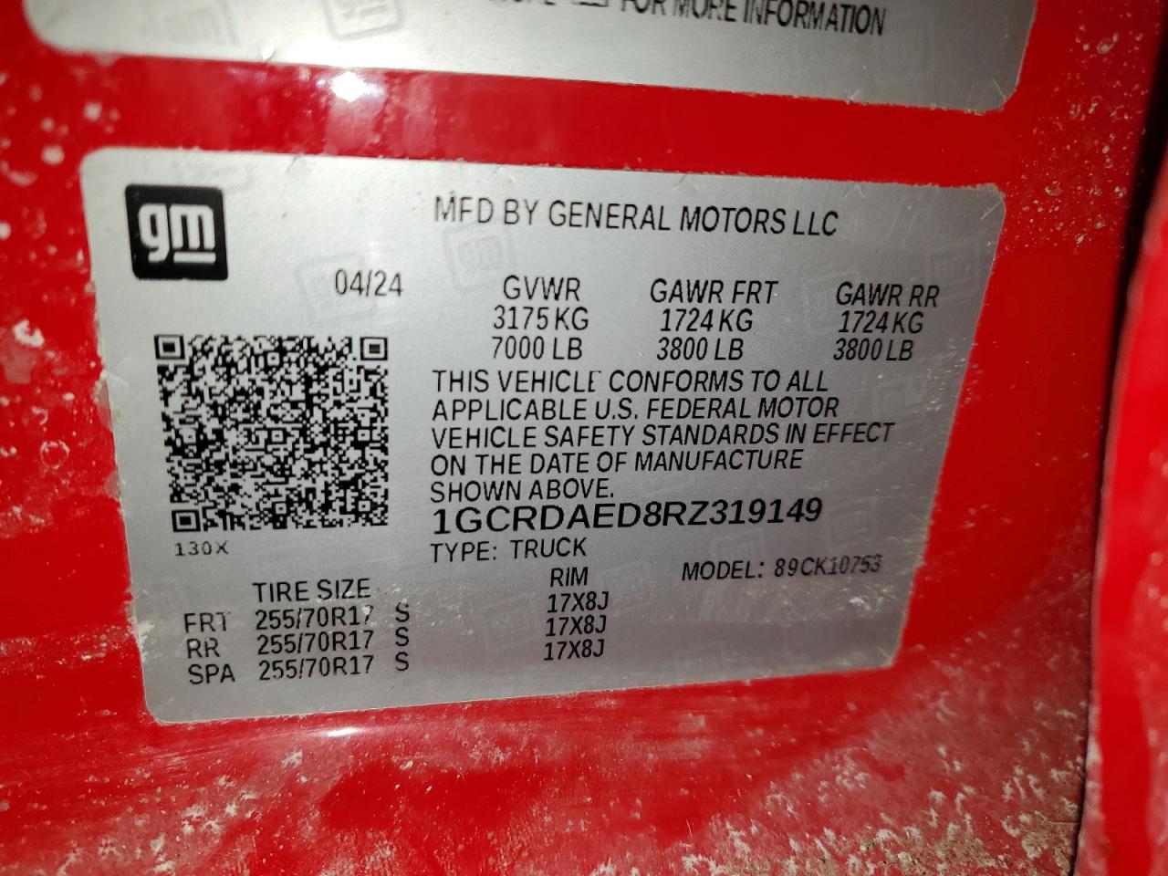 2024 CHEVROLET SILVERADO K1500 VIN:1GCRDAED8RZ319149