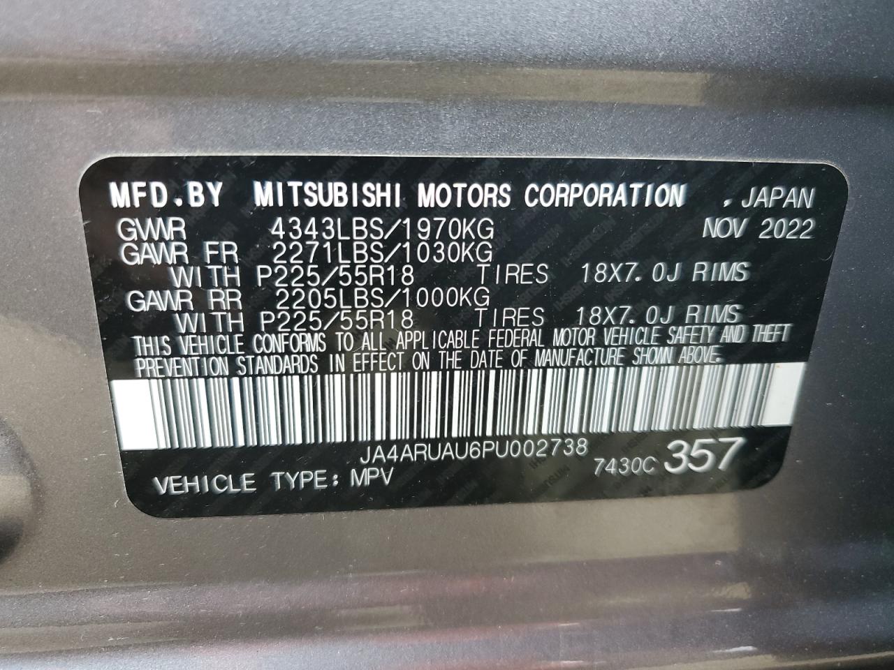 2023 MITSUBISHI OUTLANDER SPORT S/SE VIN:JA4ARUAU6PU002738