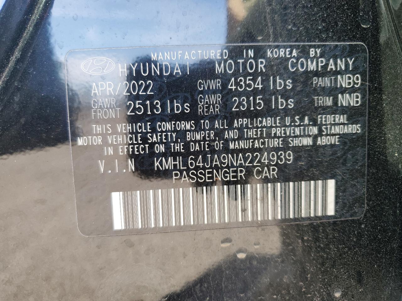 2022 HYUNDAI SONATA SEL VIN:KMHL64JA9NA224939