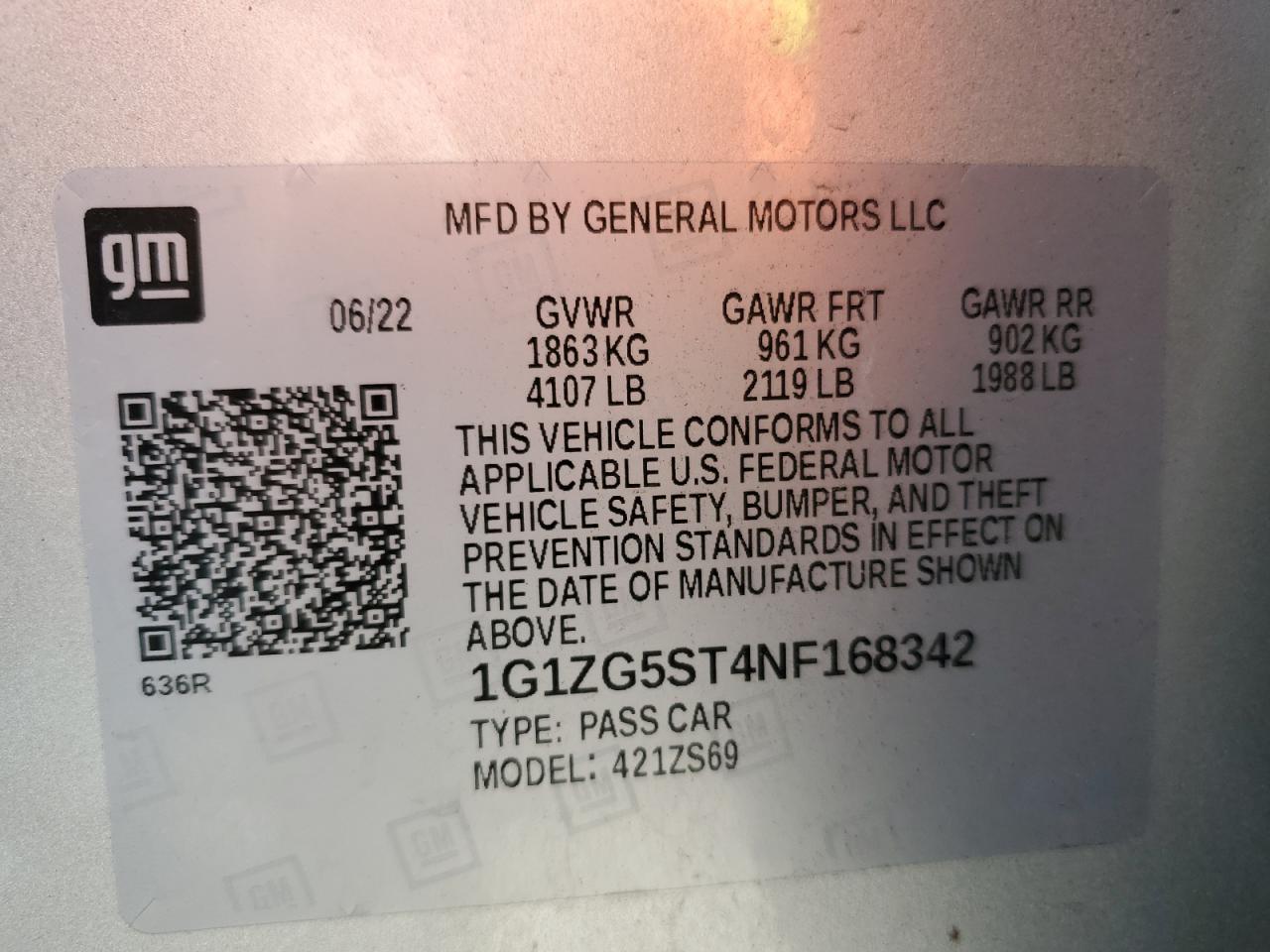 2022 CHEVROLET MALIBU RS VIN:1G1ZG5ST4NF168342