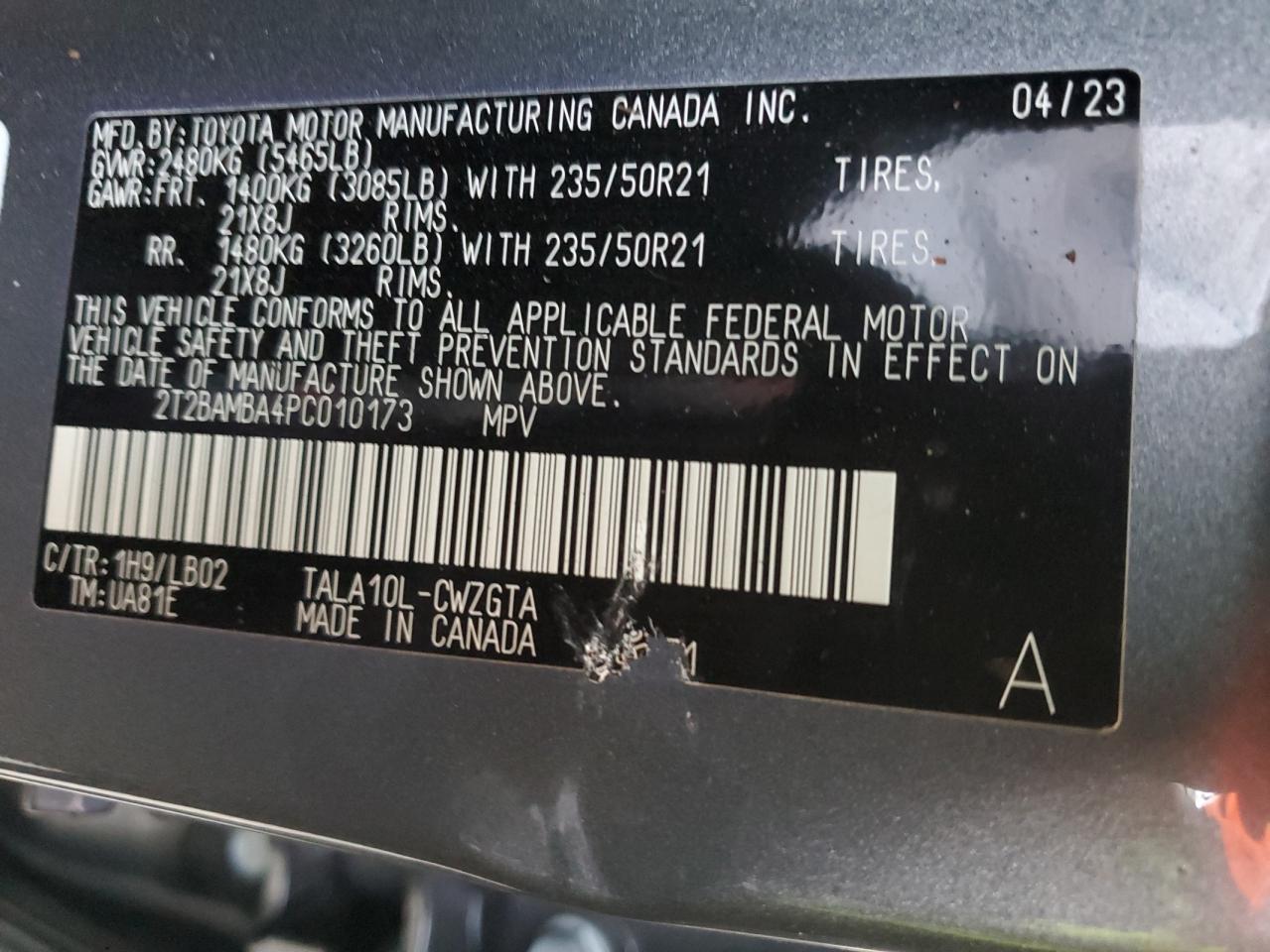 2023 LEXUS RX 350 BASE VIN:2T2BAMBA4PC010173