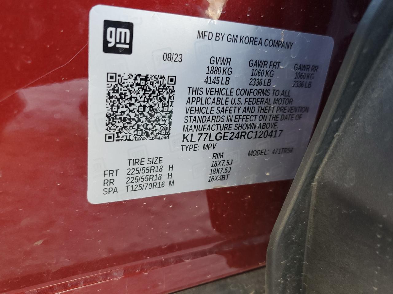 2024 CHEVROLET TRAX 1RS VIN:KL77LGE24RC120417