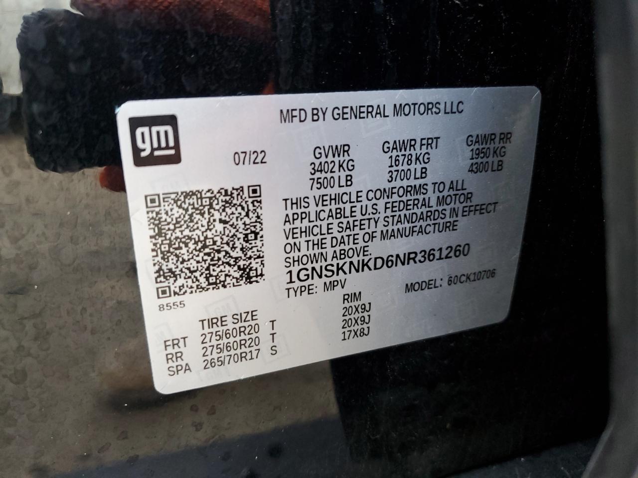 2022 CHEVROLET TAHOE K1500 LT VIN:1GNSKNKD6NR361260