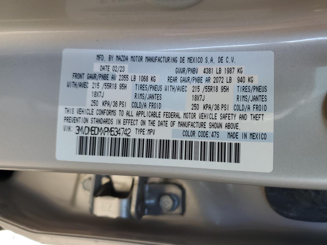 2023 MAZDA CX-30 PREMIUM VIN:3MVDMBDMXPM534742