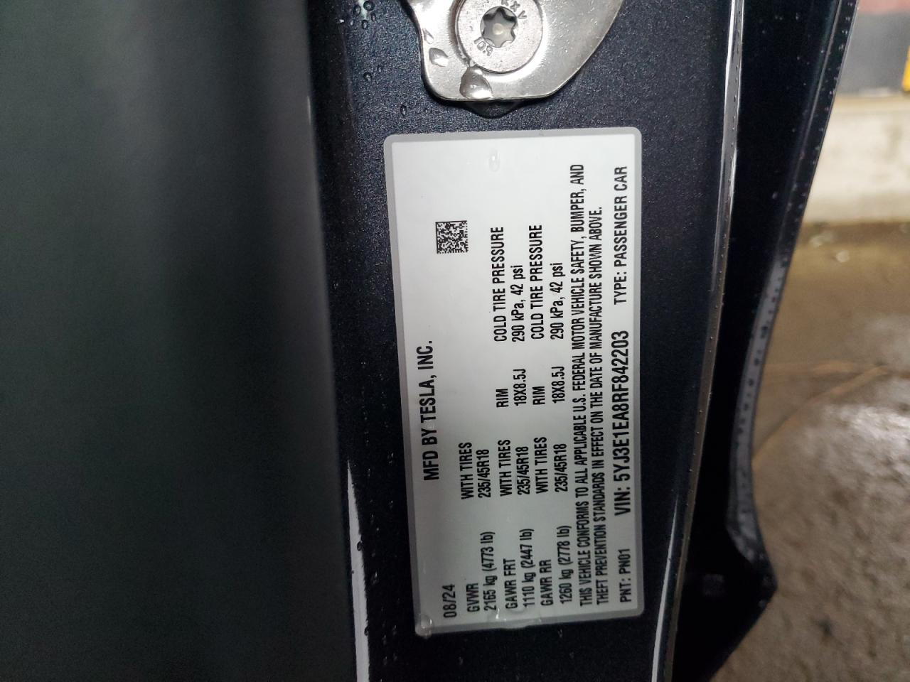 2024 TESLA MODEL 3  VIN:5YJ3E1EA8RF842203