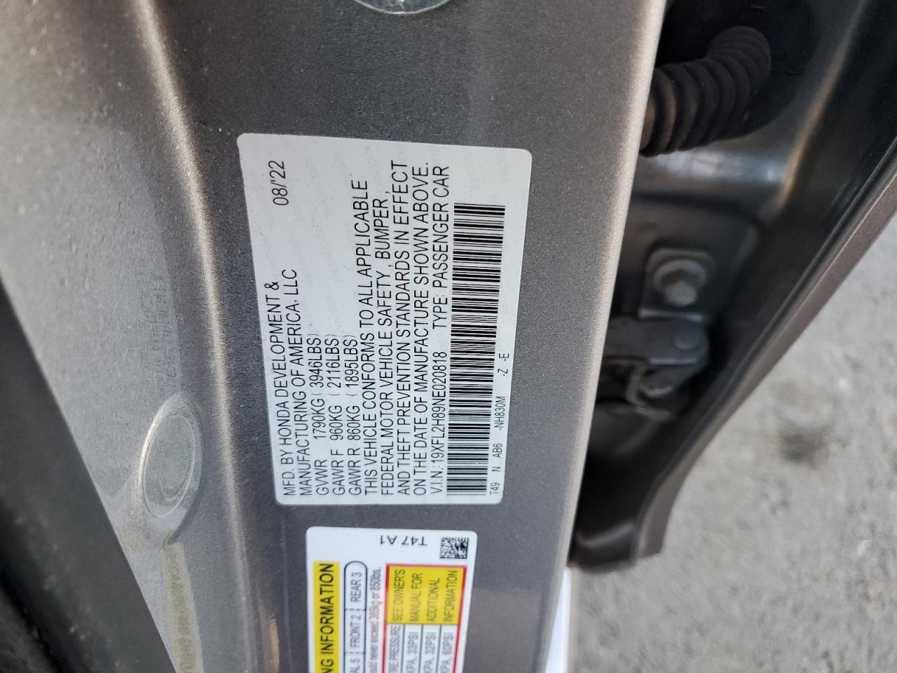 2022 HONDA CIVIC SPORT VIN:19XFL2H89NE020818