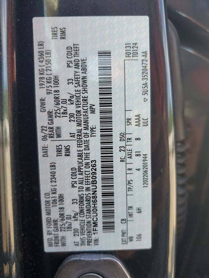 2022 FORD ESCAPE SEL VIN:1FMCU0H68NUB09263