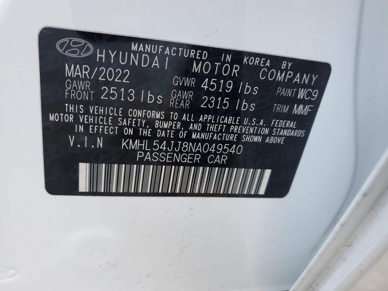 2022 HYUNDAI SONATA HYBRID VIN:KMHL54JJ8NA049540