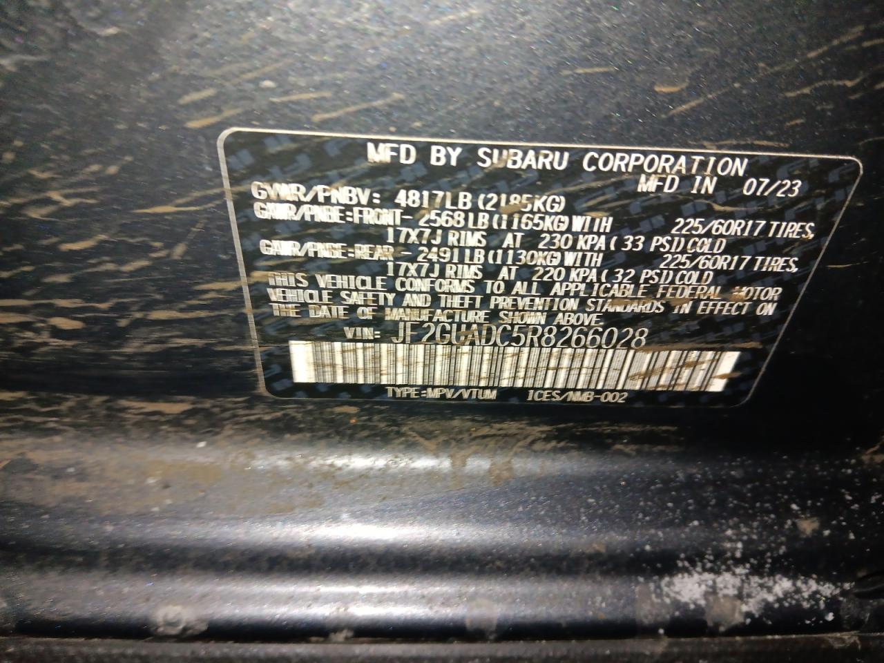 2024 SUBARU CROSSTREK PREMIUM VIN:JF2GUADC5R8266028