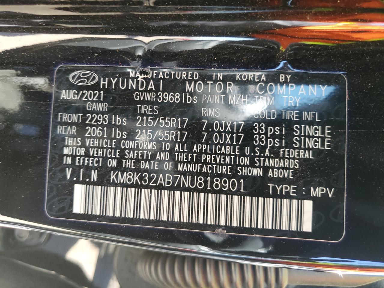 2022 HYUNDAI KONA SEL VIN:KM8K32AB7NU818901