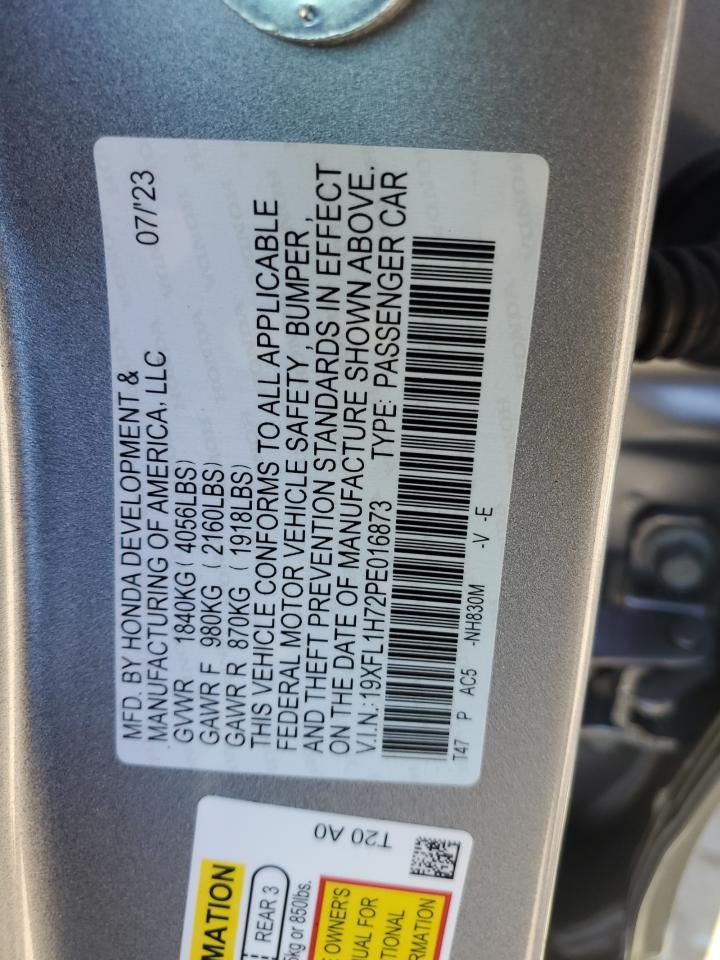 2023 HONDA CIVIC EXL VIN:19XFL1H72PE016873