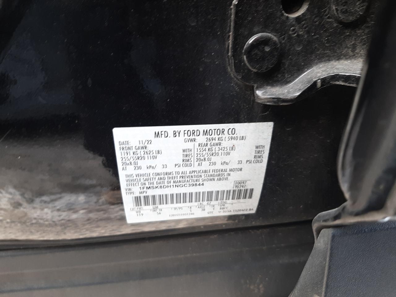 2022 FORD EXPLORER XLT VIN:1FMSK8DH1NGC39844