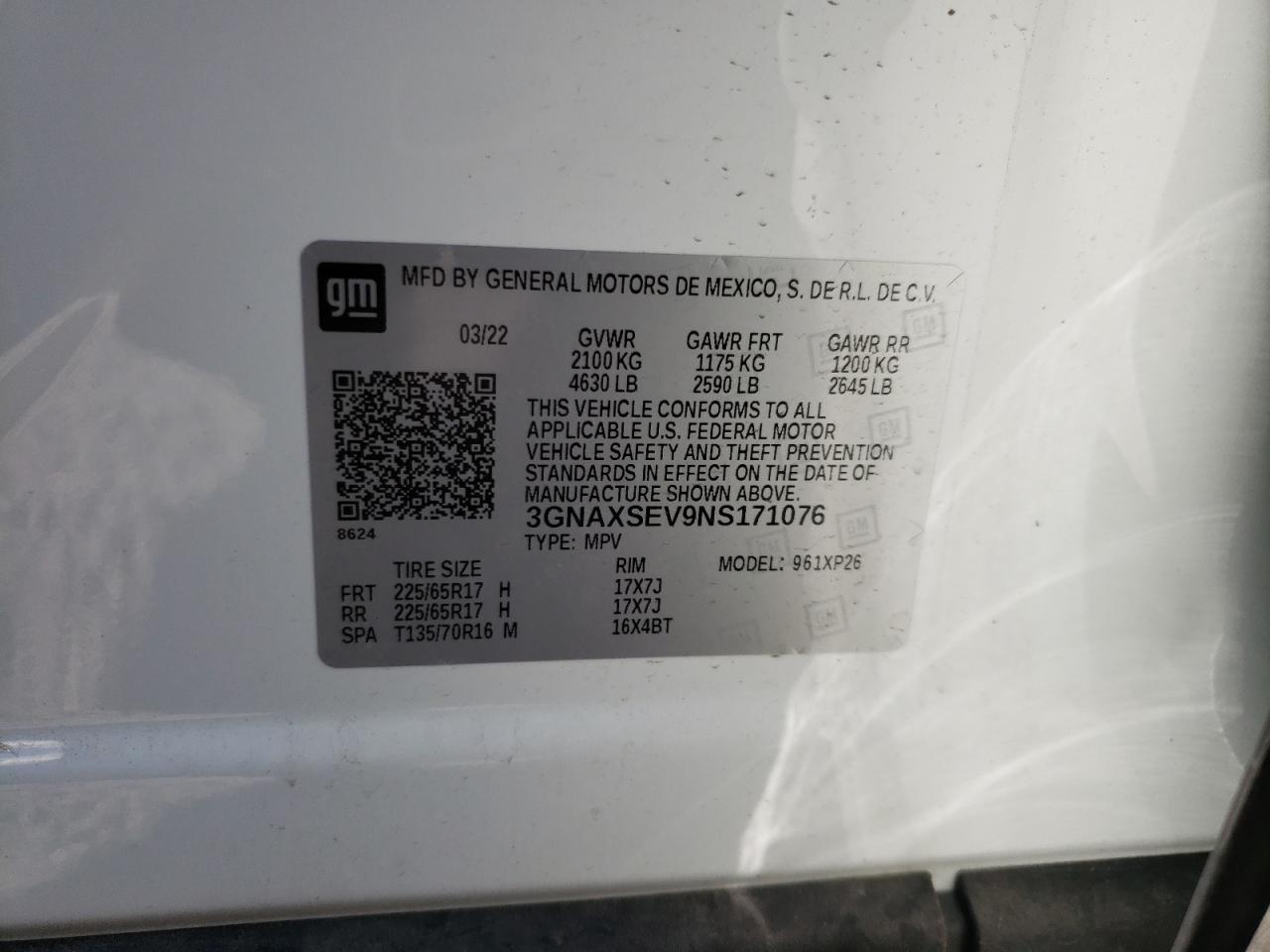 2022 CHEVROLET EQUINOX LS VIN:3GNAXSEV9NS171076