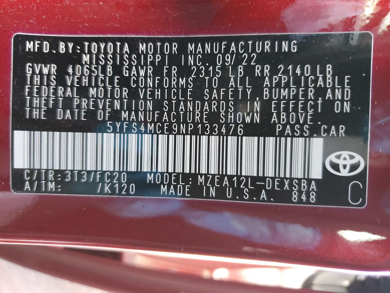 2022 TOYOTA COROLLA SE VIN:5YFS4MCE9NP133476