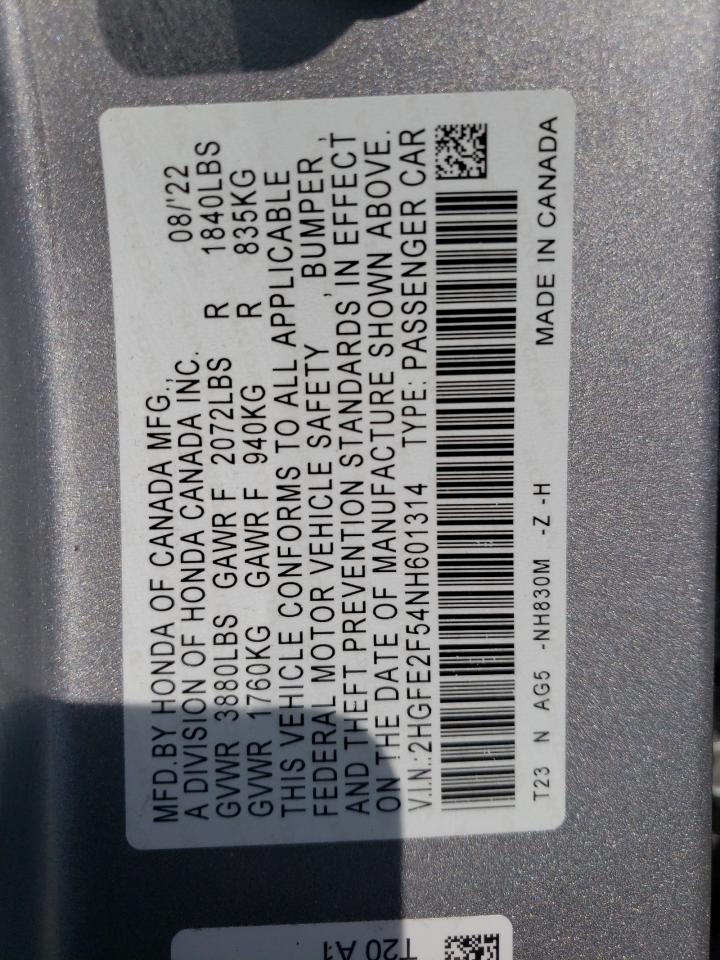 2022 HONDA CIVIC SPORT VIN:2HGFE2F54NH601314