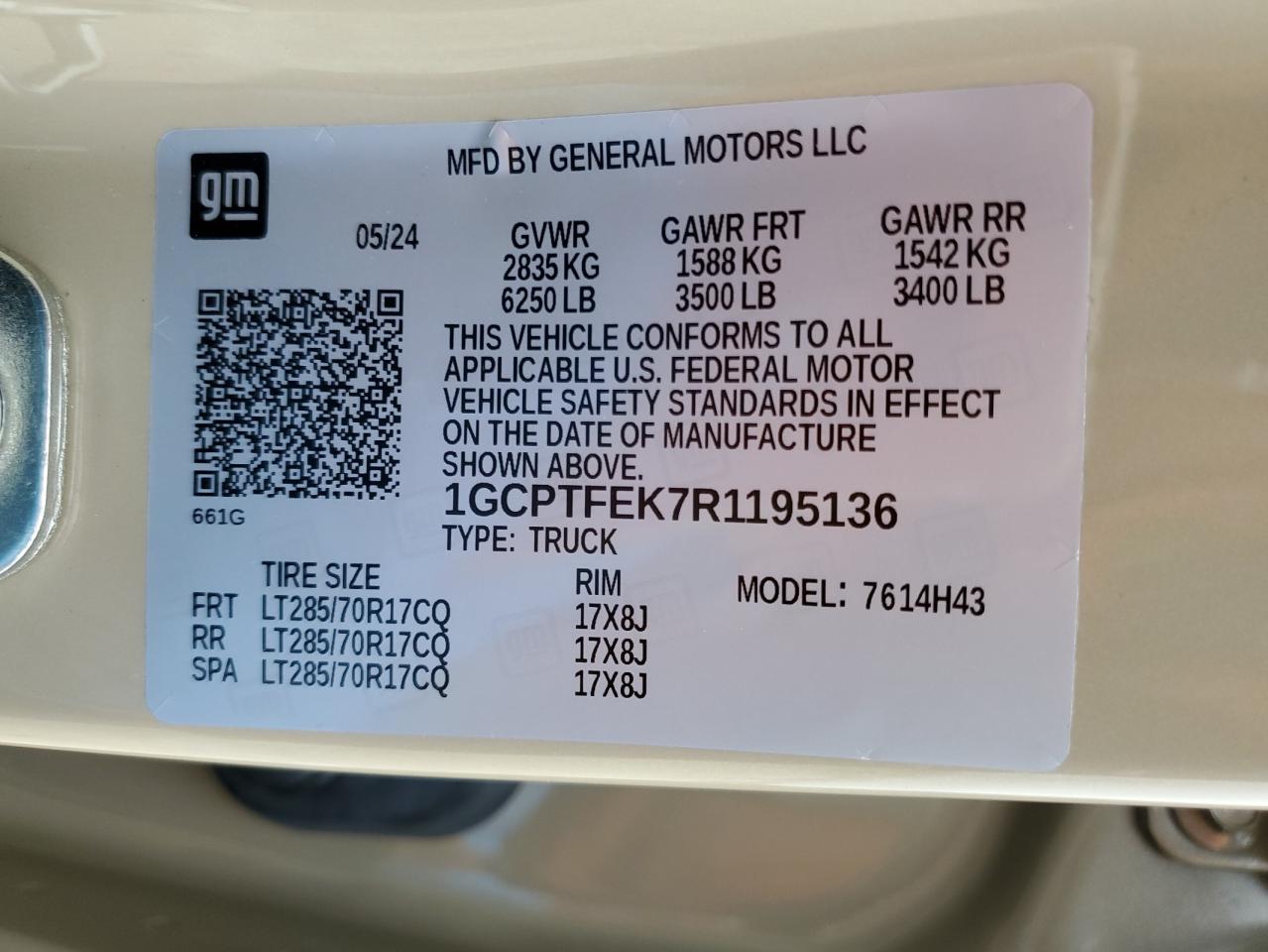 2024 CHEVROLET COLORADO ZR2 VIN:1GCPTFEK7R1195136