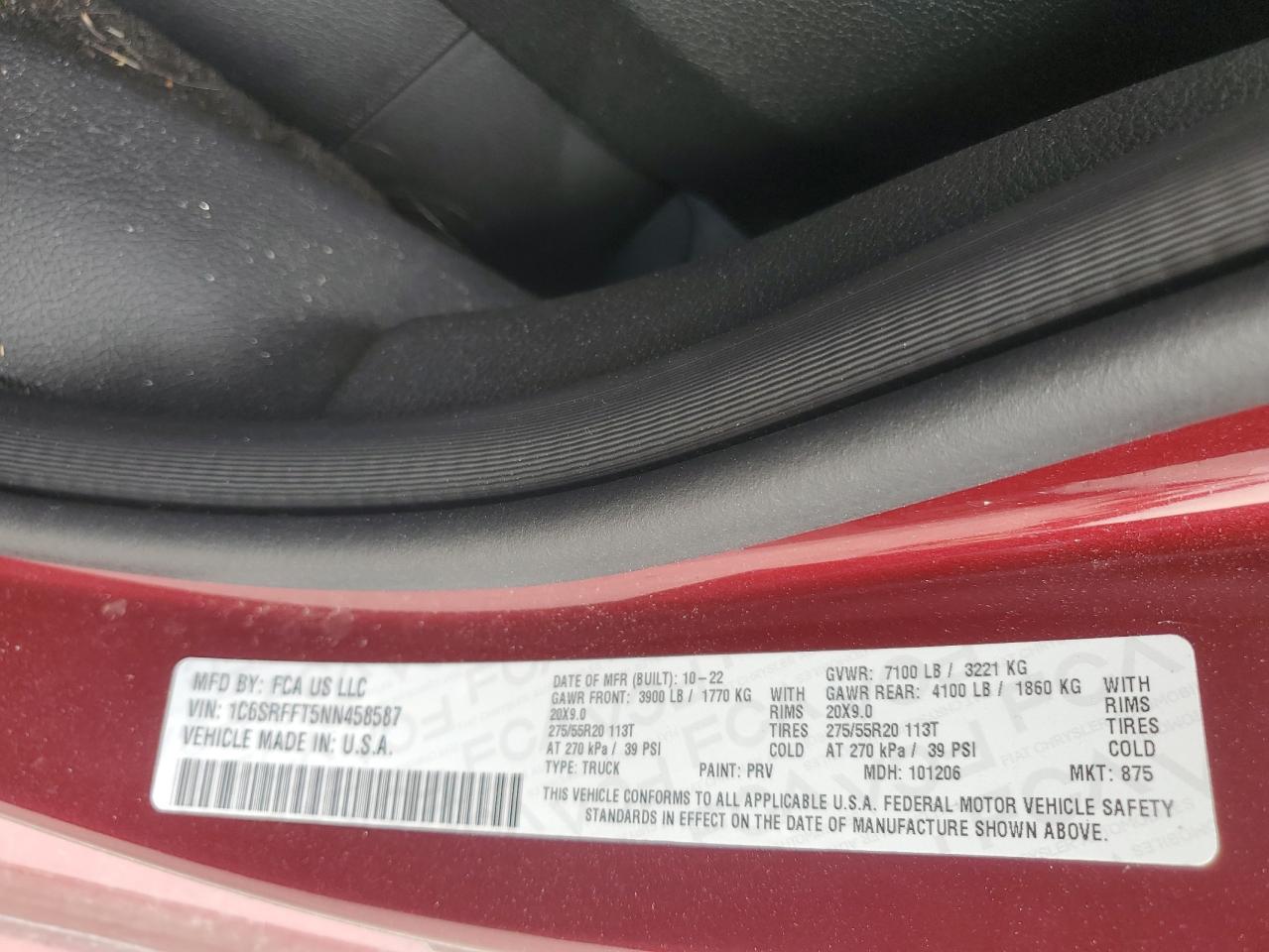 2022 RAM 1500 BIG HORN/LONE STAR VIN:1C6SRFFT5NN458587