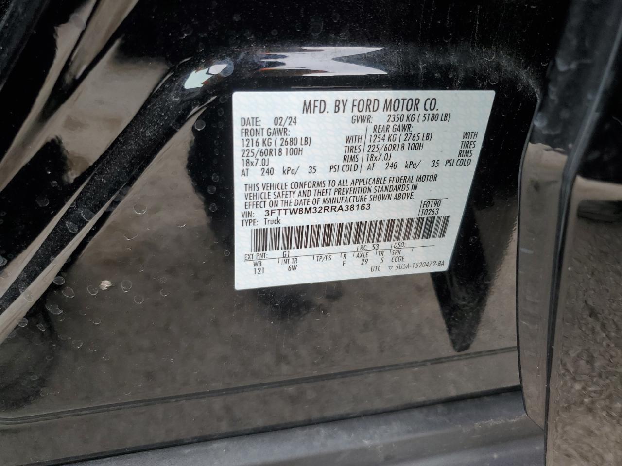 2024 FORD MAVERICK LARIAT VIN:3FTTW8M32RRA38163