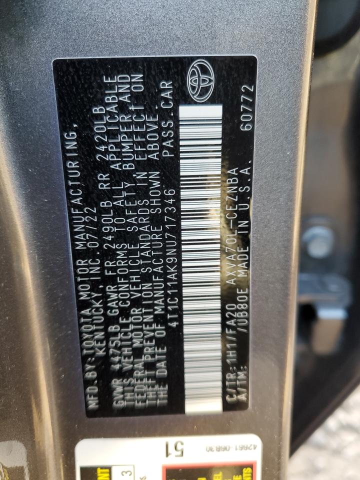2022 TOYOTA CAMRY LE VIN:4T1C11AK9NU717346