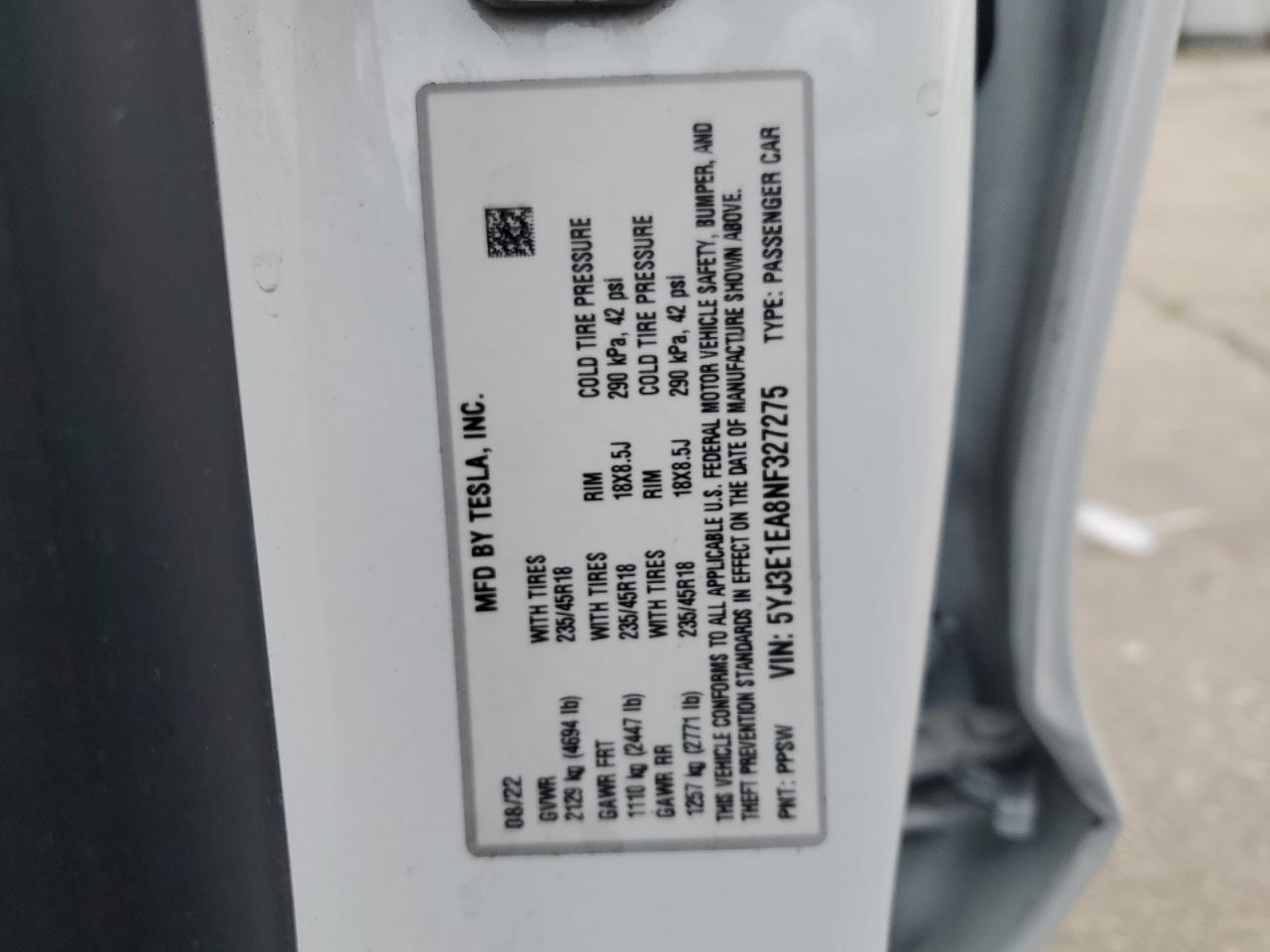 2022 TESLA MODEL 3  VIN:5YJ3E1EA8NF327275