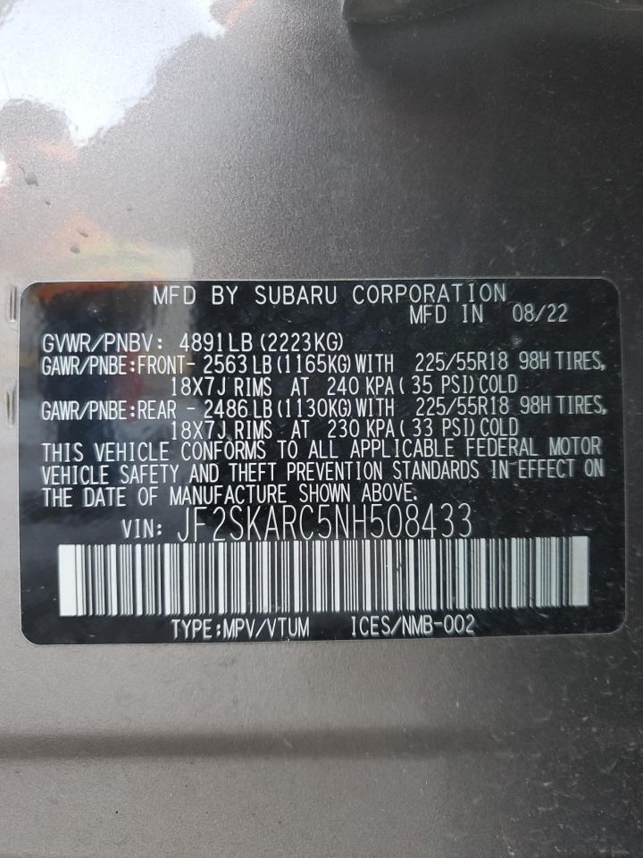 2022 SUBARU FORESTER TOURING VIN:JF2SKARC5NH508433