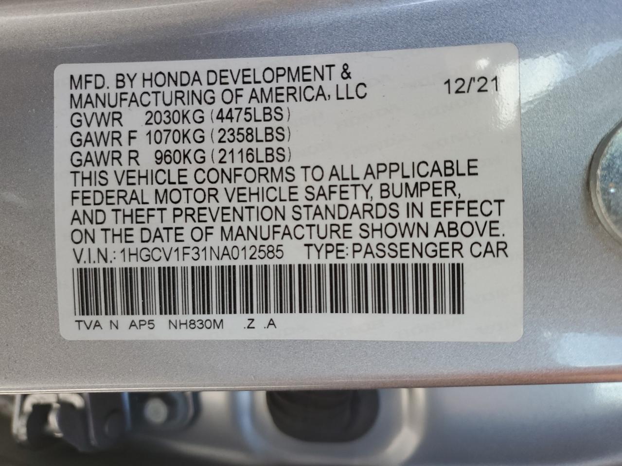 2022 HONDA ACCORD SPORT VIN:1HGCV1F31NA012585