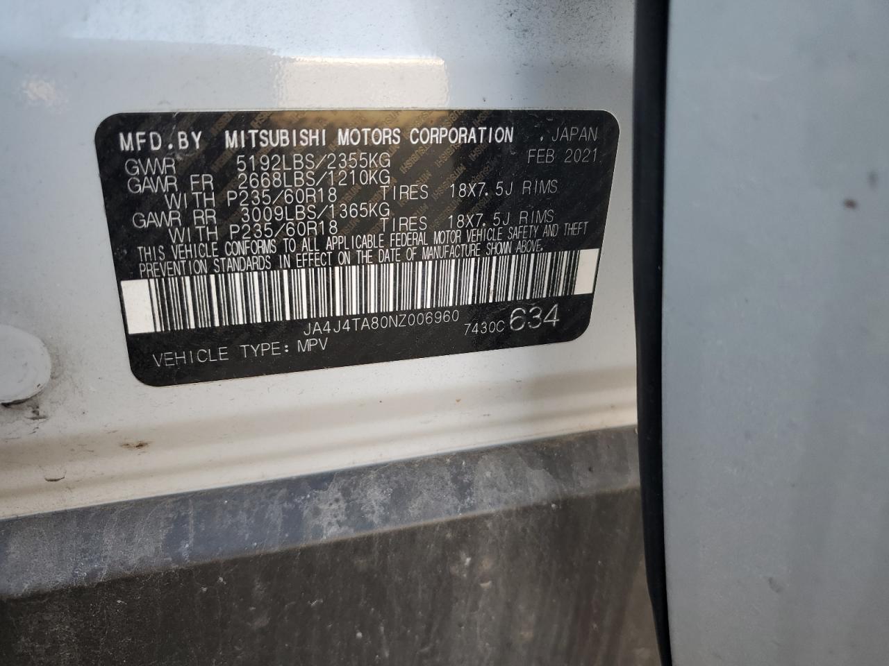 2022 MITSUBISHI OUTLANDER ES VIN:JA4J4TA80NZ006960