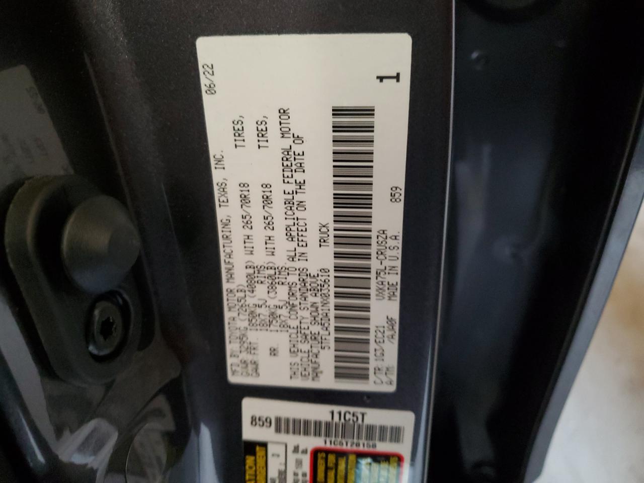 2022 TOYOTA TUNDRA DOUBLE CAB SR VIN:5TFLA5DA1NX035610