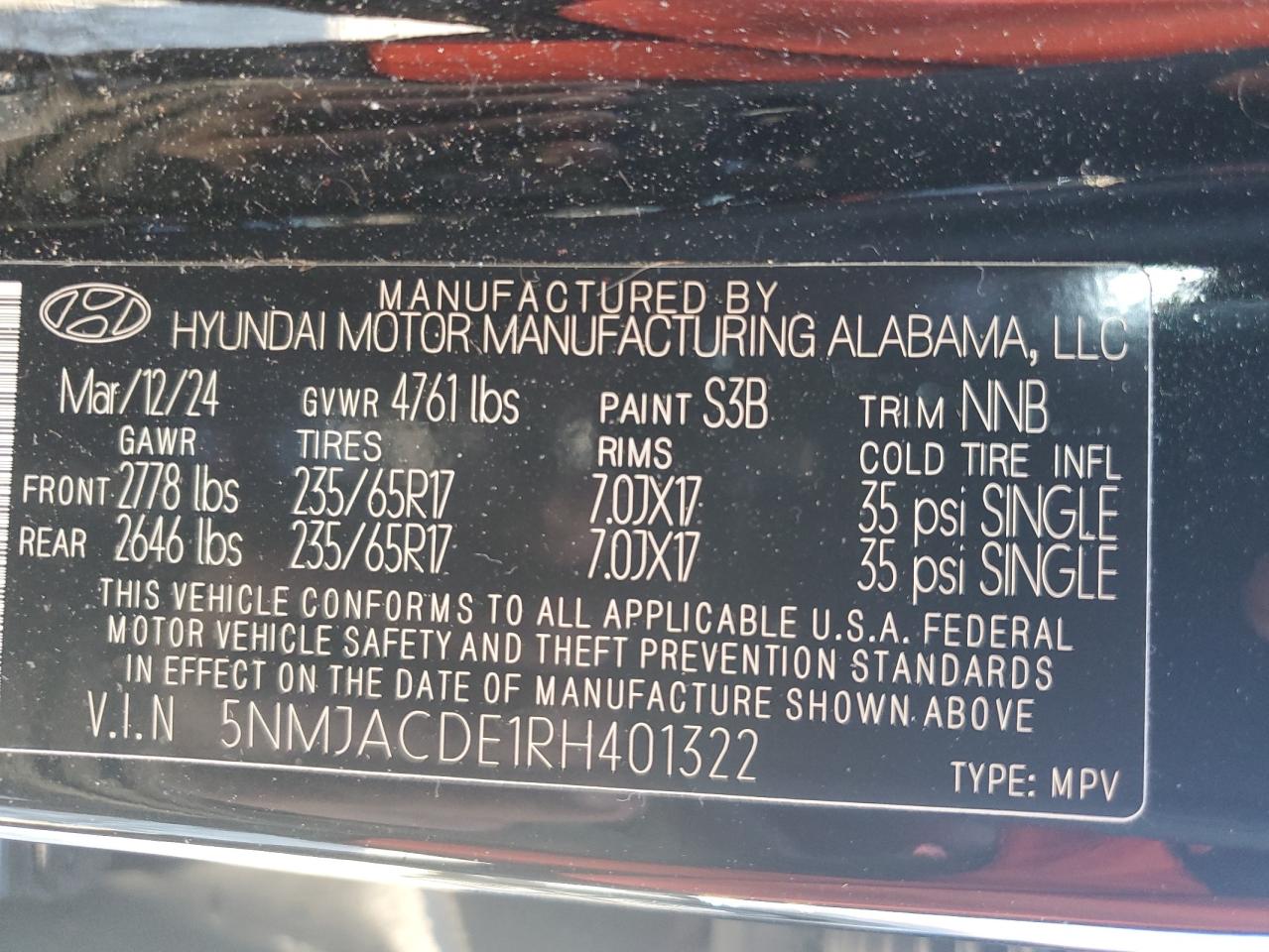 2024 HYUNDAI TUCSON SE VIN:5NMJACDE1RH401322