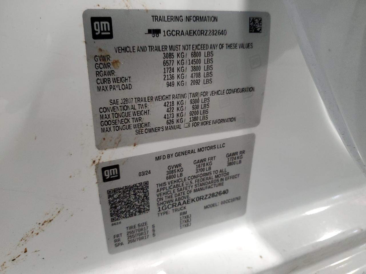 2024 CHEVROLET SILVERADO C1500 VIN:1GCRAAEK0RZ282640