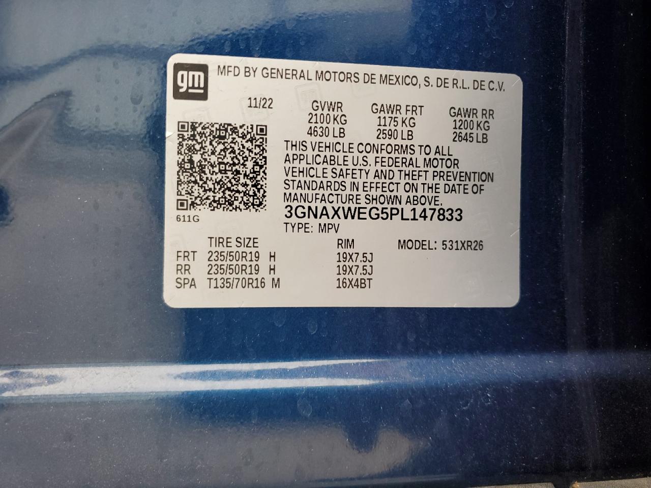 2023 CHEVROLET EQUINOX RS VIN:3GNAXWEG5PL147833